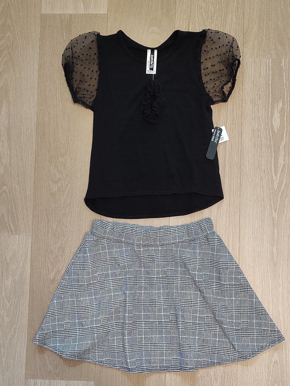 Girls Black Puff-Sleeve Top & Plaid Skirt Matching Set